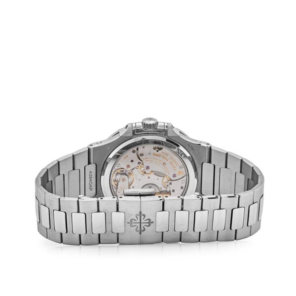 Back view of the Patek Philippe Nautilus Perpetual Calendar Tiffany & Co. Blue Dial 5740/1G-001 with 18k white gold case, blue dial, and integrated Perpetual Calendar complications.
