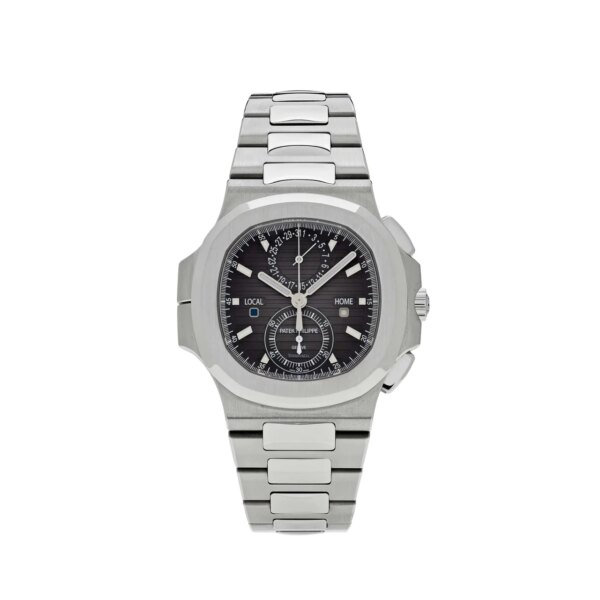 Patek Philippe Nautilus Tiffany & Co. Travel Time Chronograph 5990/1A-001 with a stainless steel case, blue dial, and integrated stainless steel bracelet.