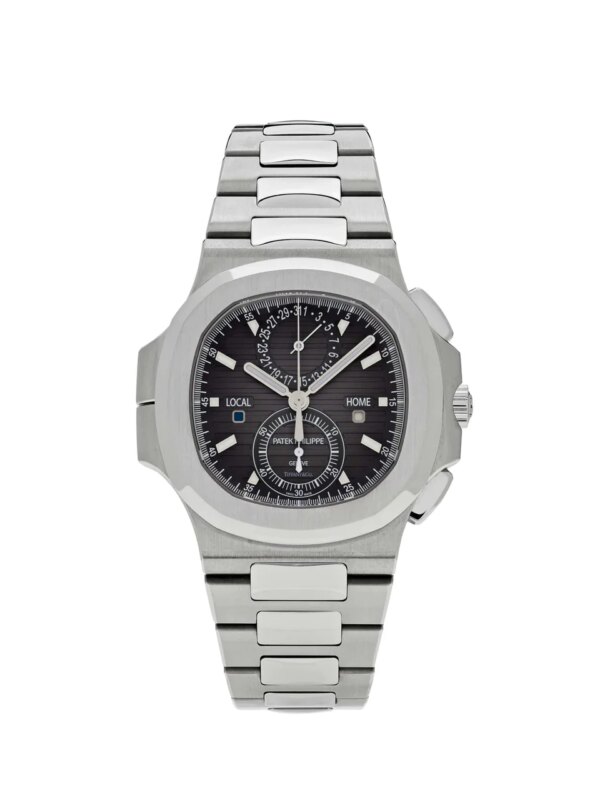 Patek Philippe Nautilus Tiffany & Co. Travel Time Chronograph 5990/1A-001 with a stainless steel case, blue dial, and integrated stainless steel bracelet.