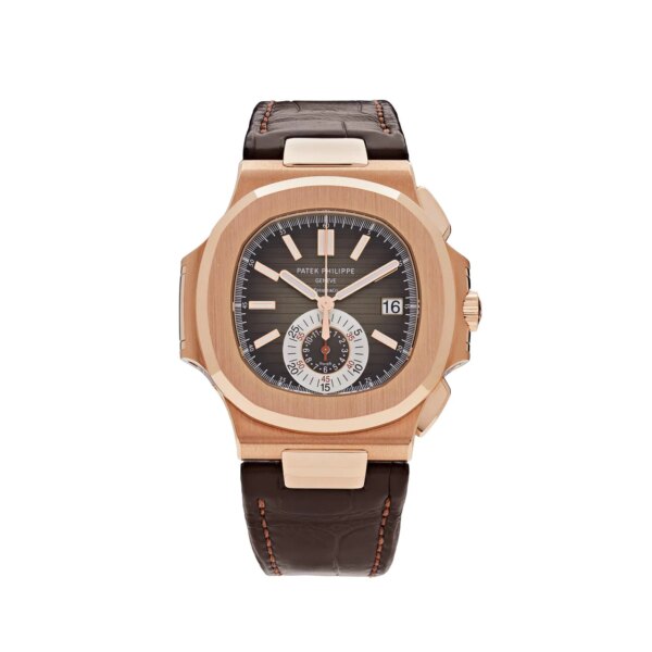 Patek Philippe Nautilus Tiffany & Co. Chronograph Date 5980R-001 with a 40.5mm rose gold case, brown dial, and leather strap.
