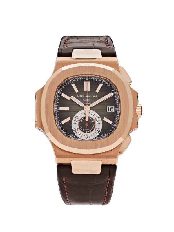 Patek Philippe Nautilus Tiffany & Co. Chronograph Date 5980R-001 with a 40.5mm rose gold case, brown dial, and leather strap.