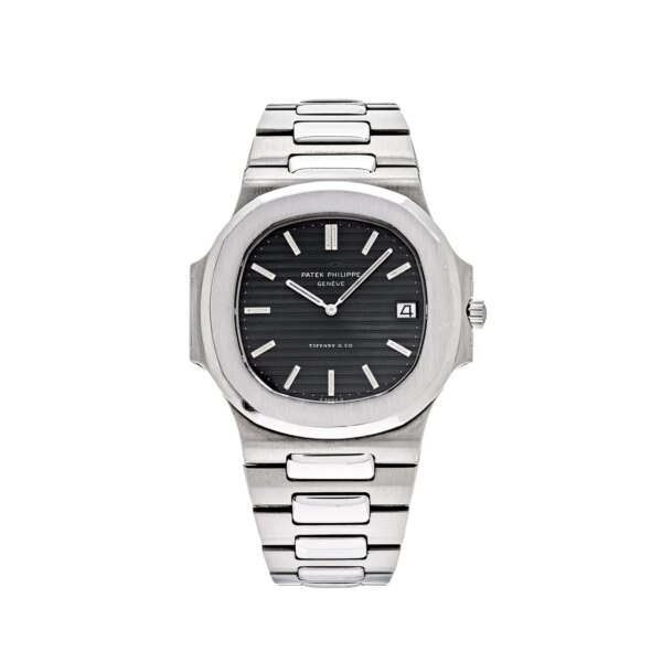 Patek Philippe Nautilus Vintage Tiffany & Co. Steel Black Dial 3700/11 with a stainless steel case, black dial with Tiffany blue accents, and integrated steel bracelet.