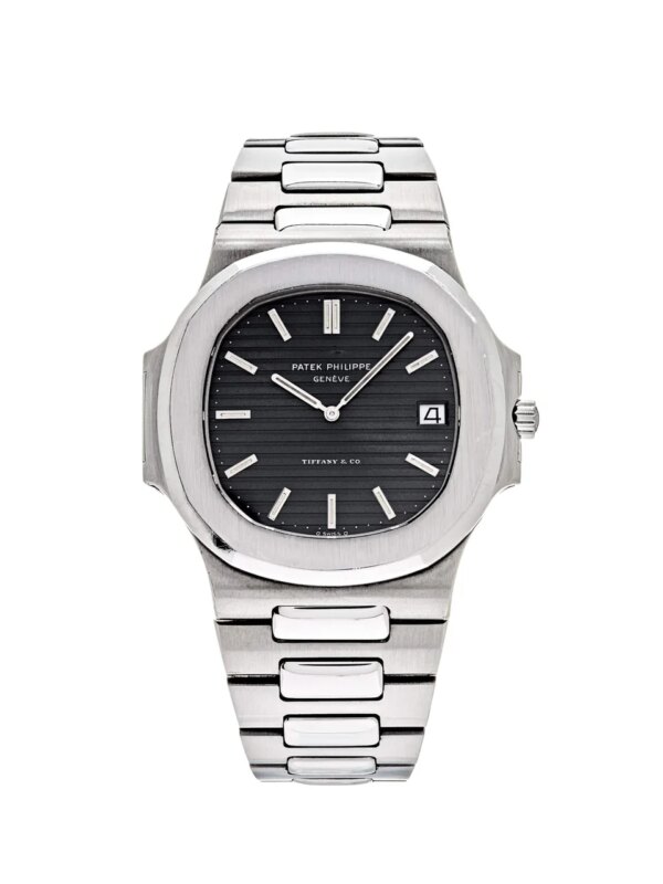 Patek Philippe Nautilus Vintage Tiffany & Co. Steel Black Dial 3700/11 with a stainless steel case, black dial with Tiffany blue accents, and integrated steel bracelet.