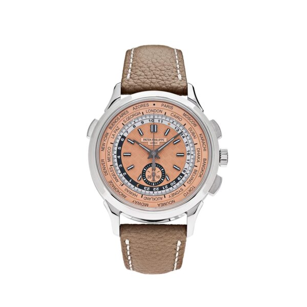 Patek Philippe World Time Flyback Chronograph 5935A-001, featuring a stainless steel case, opaline carbon motif dial, and world time functionality.