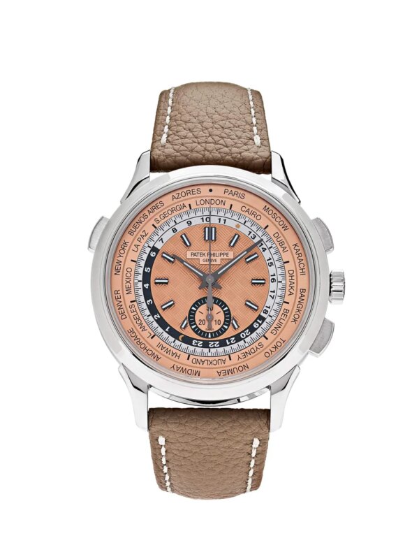 Patek Philippe World Time Flyback Chronograph 5935A-001, featuring a stainless steel case, opaline carbon motif dial, and world time functionality.