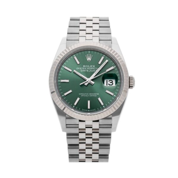 Rolex Datejust 126234-0051, 36mm stainless steel case with a green dial and index markers, Jubilee bracelet, and fluted bezel.
