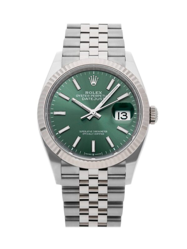 Rolex Datejust 126234-0051, 36mm stainless steel case with a green dial and index markers, Jubilee bracelet, and fluted bezel.