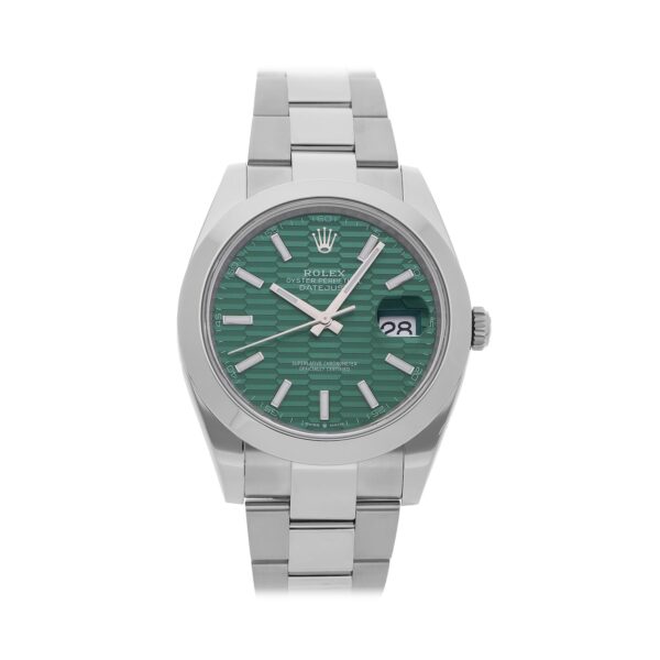 Rolex Datejust 126300-0021 in stainless steel with a 41mm case and green dial, featuring a stainless steel Oyster bracelet. Comes with original box and papers.