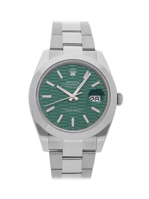 Rolex Datejust 126300-0021 in stainless steel with a 41mm case and green dial, featuring a stainless steel Oyster bracelet. Comes with original box and papers.