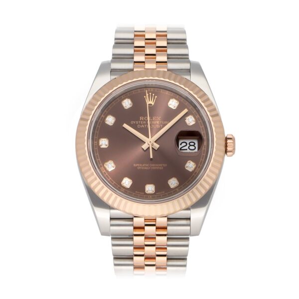 Rolex Datejust 126331-0004 in stainless steel and Everose gold with a 41mm case, brown dial with diamond markers, and a two-tone Oyster bracelet.