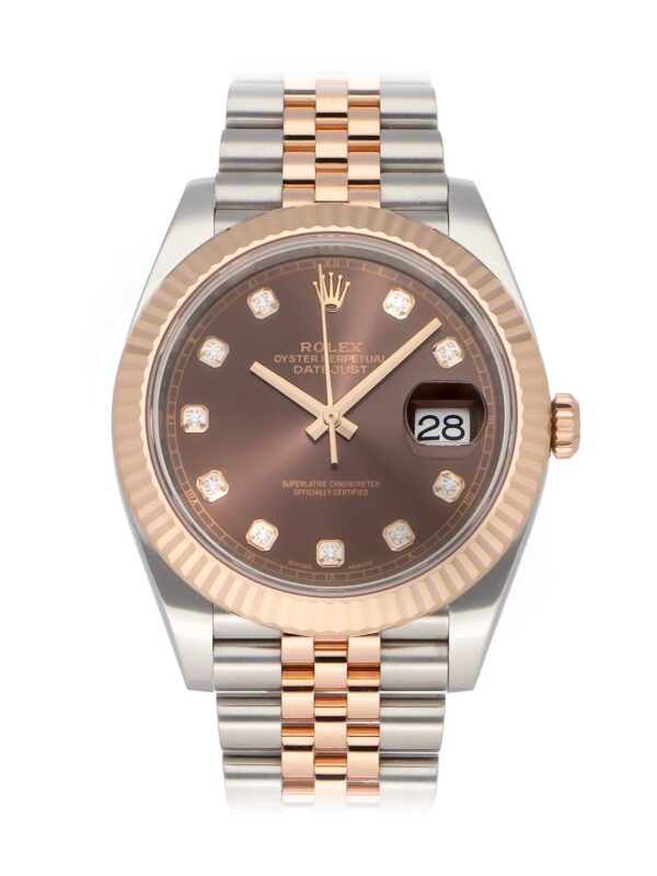 Rolex Datejust 126331-0004 in stainless steel and Everose gold with a 41mm case, brown dial with diamond markers, and a two-tone Oyster bracelet.