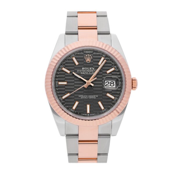 Rolex Datejust 126331-0019, 41mm stainless steel case, gray dial with index markers, two-tone rose and stainless steel bracelet.