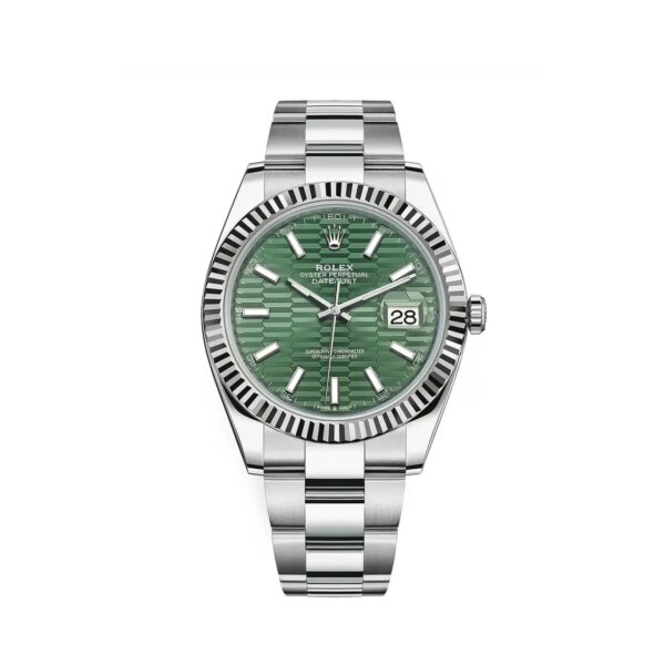 Rolex Datejust 126334 2023 in stainless steel with a 41mm case, green dial, fluted bezel, and stainless steel Oyster bracelet, complete with box and papers.