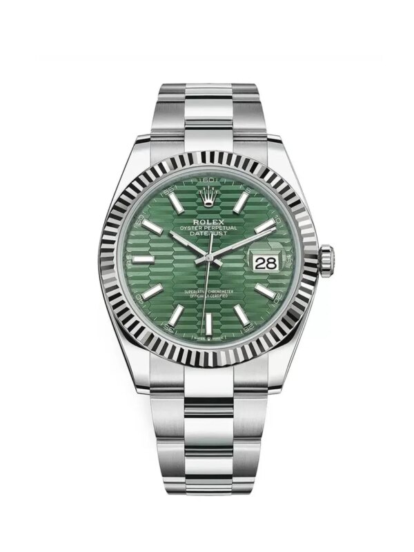 Rolex Datejust 126334 2023 in stainless steel with a 41mm case, green dial, fluted bezel, and stainless steel Oyster bracelet, complete with box and papers.