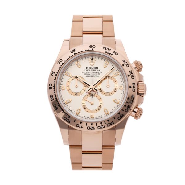 Rolex Daytona 116505, 40mm white gold case, silver dial with Roman numerals, rose gold bracelet.