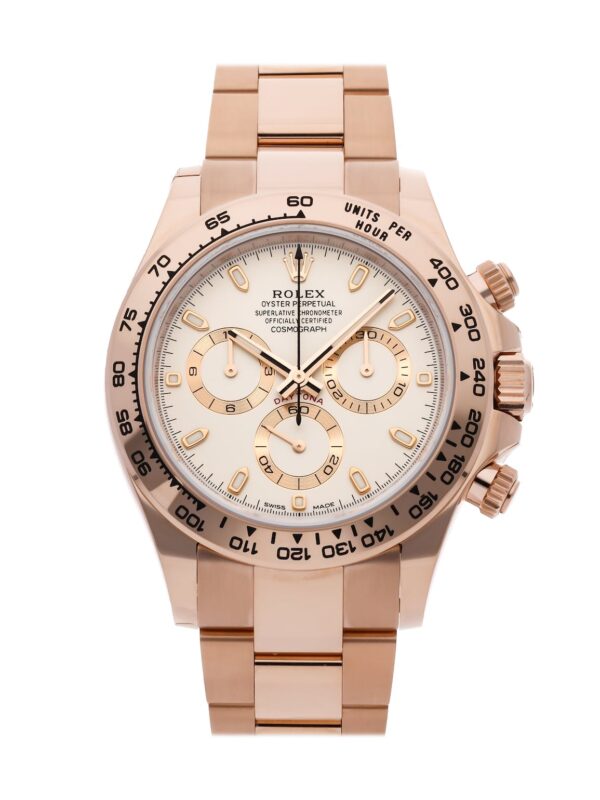 Rolex Daytona 116505, 40mm white gold case, silver dial with Roman numerals, rose gold bracelet.