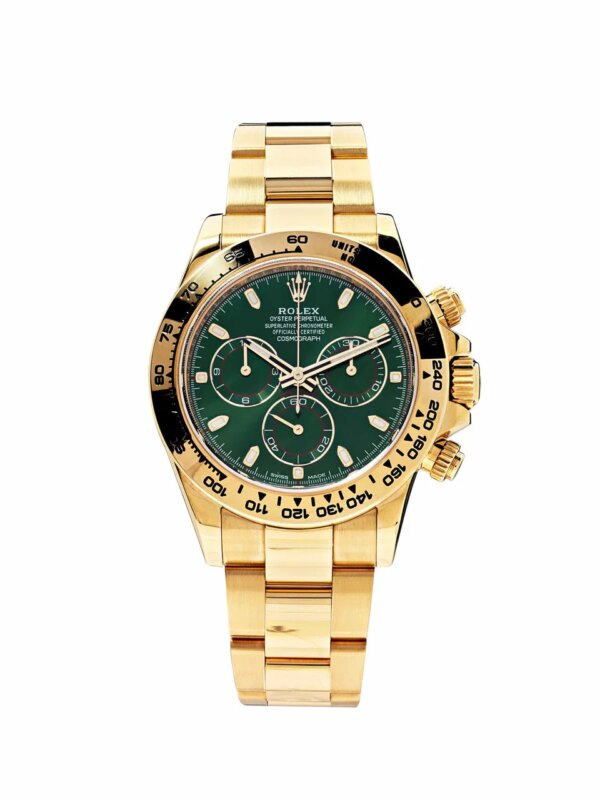 Rolex Cosmograph Daytona 116508 with a 40mm yellow gold case, green dial, tachymetric scale, and 18k yellow gold Oyster bracelet with Oysterlock clasp.