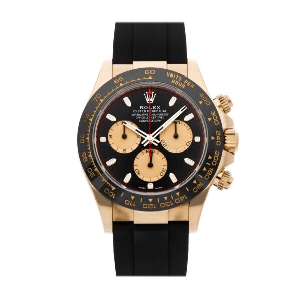 Rolex Daytona 116518LN, 40mm yellow gold case, black dial with index markers, and black rubber strap.
