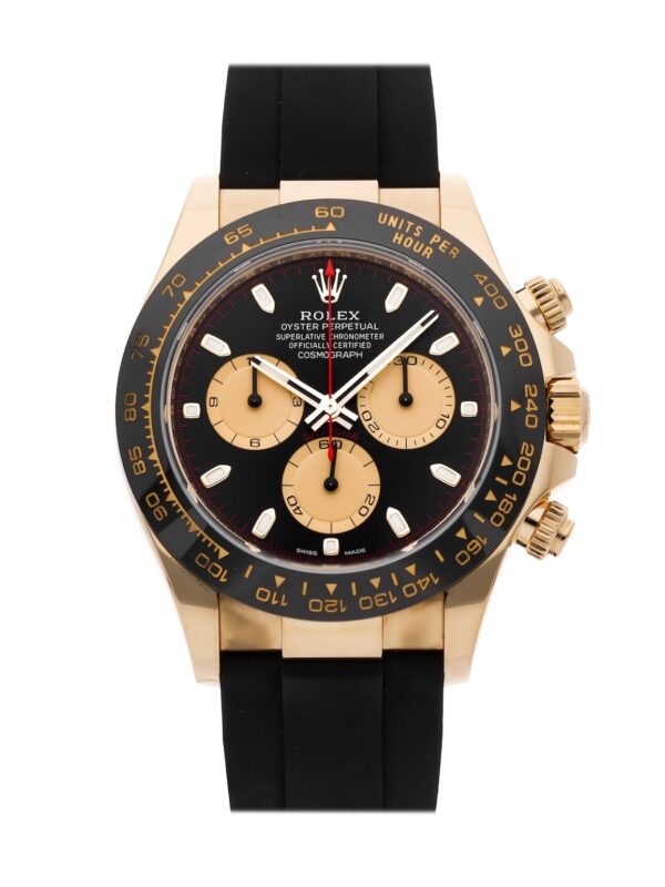 Rolex Daytona 116518LN, 40mm yellow gold case, black dial with index markers, and black rubber strap.