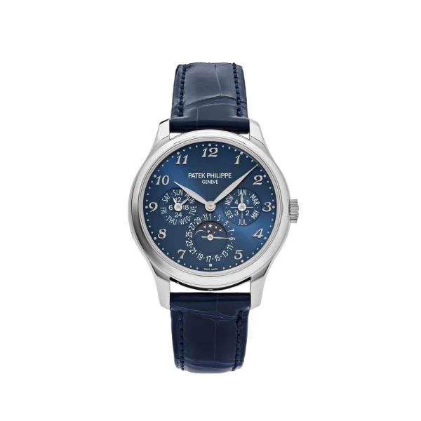 Patek Philippe Grand Complications 5327G-001 Perpetual Calendar watch, 39mm white gold case with blue dial, blue alligator leather strap, and exhibition case back.