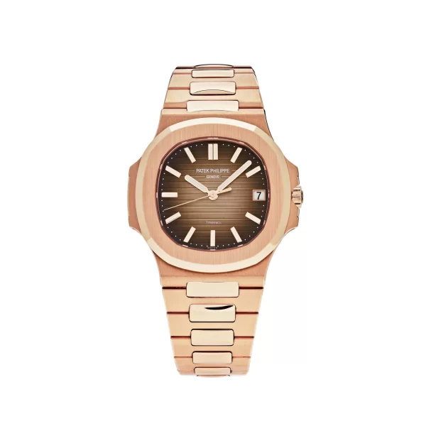 Patek Philippe Nautilus Rose Gold Tiffany & Co. Dial 5711/1R-001 with a 40.5mm rose gold case, brown embossed dial, and integrated rose gold bracelet.