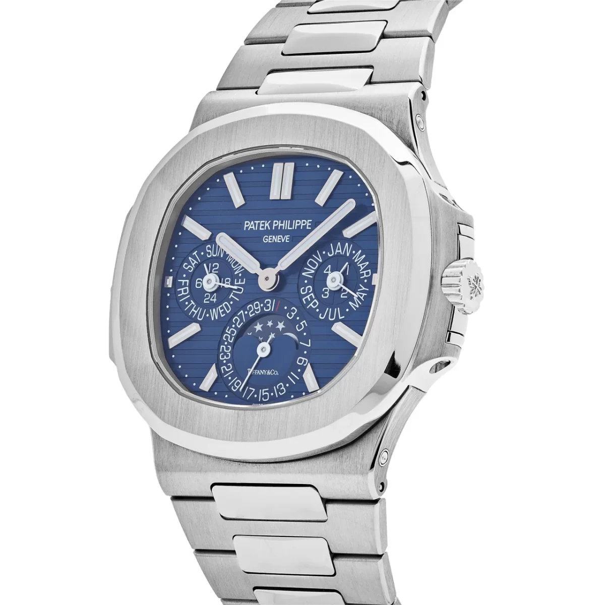 Right view of Patek Philippe Nautilus Perpetual Calendar Tiffany & Co. Blue Dial 5740/1G-001 with 18k white gold case, blue dial, and integrated Perpetual Calendar complications.