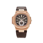 Patek Philippe Nautilus Tiffany & Co. Chronograph Date 5980R-001 with a 40.5mm rose gold case, brown dial, and leather strap.