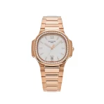 Patek Philippe Nautilus 7118/1200R-001 with 35mm rose gold case, Tiffany & Co. dial, diamond-set bezel, and rose gold bracelet.