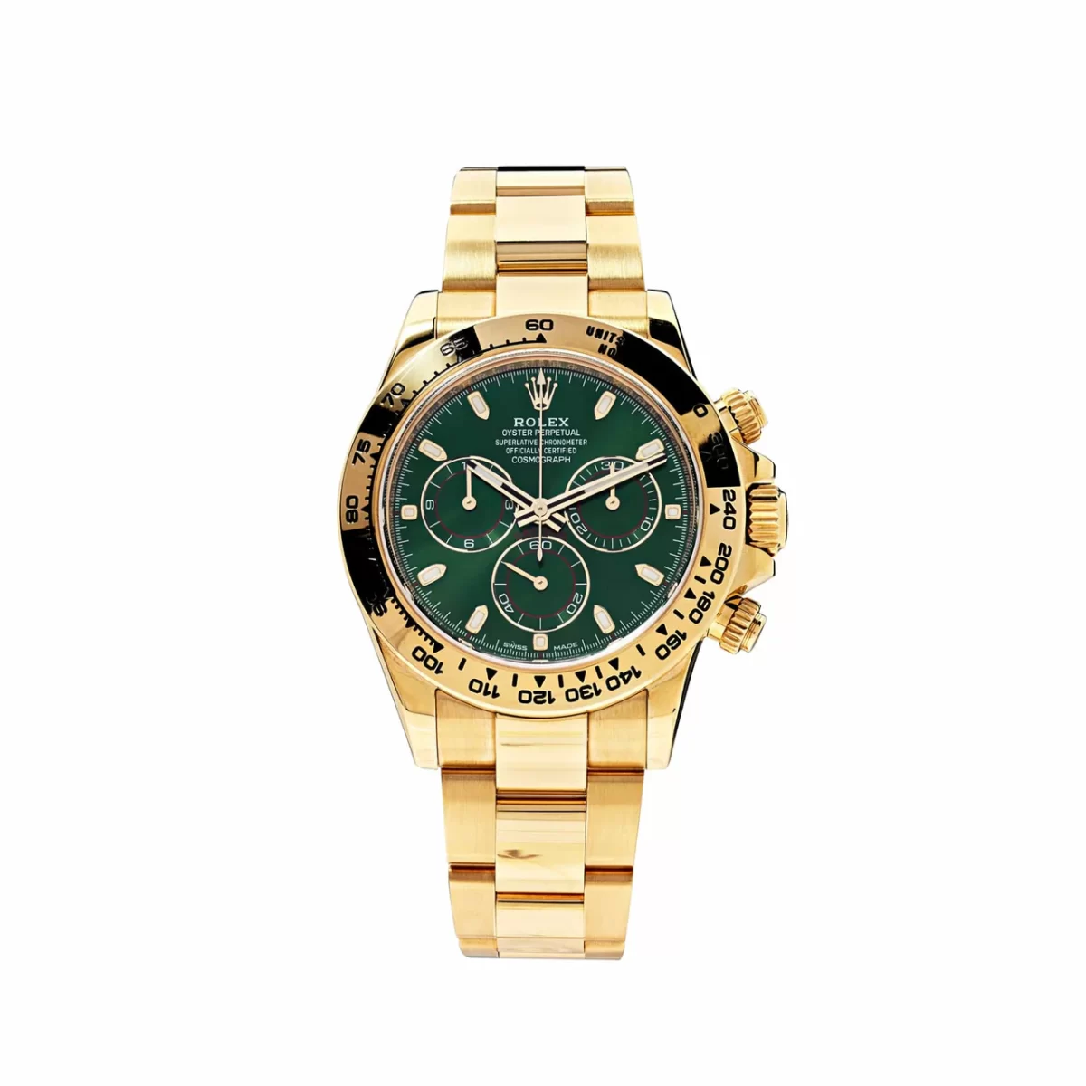 Rolex Cosmograph Daytona 116508 with a 40mm yellow gold case, green dial, tachymetric scale, and 18k yellow gold Oyster bracelet with Oysterlock clasp.