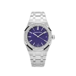 Audemars Piguet Royal Oak Selfwinding 37mm white gold watch with diamond-set bezel, deep purple Grande Tapisserie dial, and white gold bracelet.