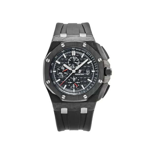 Audemars Piguet Royal Oak Offshore Chronograph 44mm Black Carbon 26400AU.OO.A002CA.01 with a black carbon case, Méga Tapisserie dial, and black rubber strap.