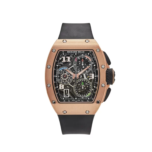 Richard Mille RM 72-01 Lifestyle In-House Chronograph in Rose Gold with a transparent dial, flyback chronograph, and 38.4 x 47.34 mm rose gold case.