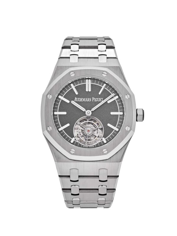 Audemars Piguet Royal Oak Selfwinding Flying Tourbillon 26530TI.OO.1220TI.01 featuring a 41mm titanium case, slate grey dial, and flying tourbillon at 6 o'clock.