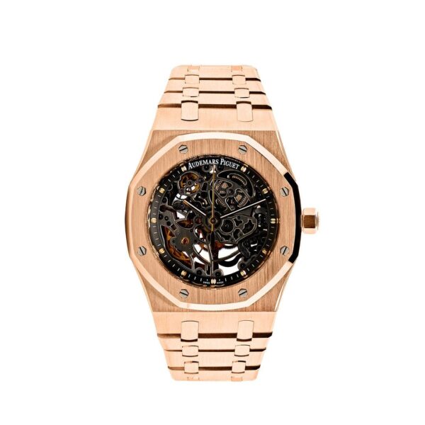 Audemars Piguet Royal Oak Openworked 15305OR.OO.D088CR.01, 39mm rose gold case with skeletonized dial, openworked movement, and brown leather strap with deployment clasp.