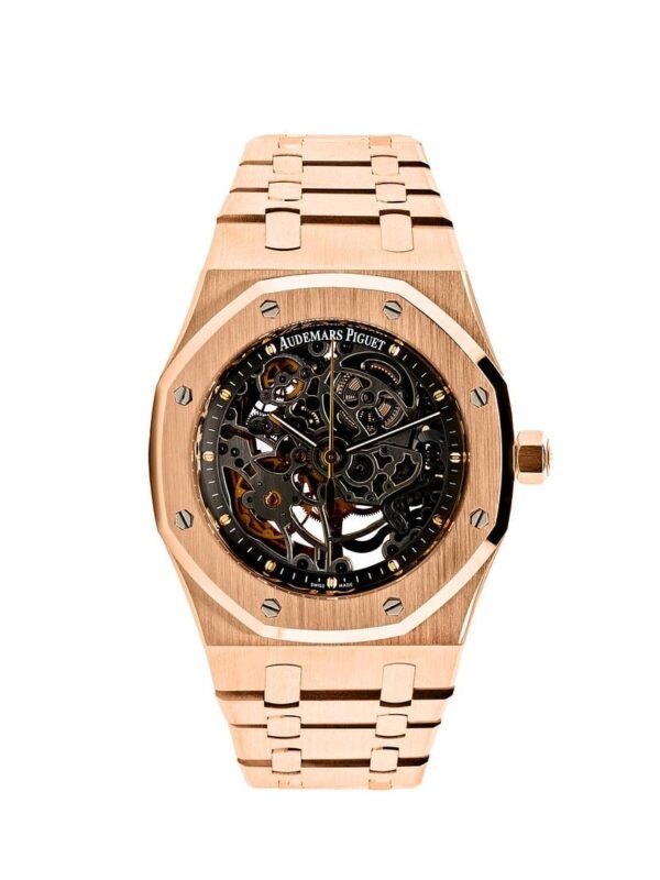 Audemars Piguet Royal Oak Openworked 15305OR.OO.D088CR.01, 39mm rose gold case with skeletonized dial, openworked movement, and brown leather strap with deployment clasp.