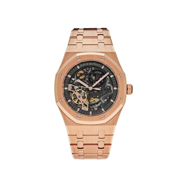Audemars Piguet Royal Oak Double Balance Wheel Openworked 15407OR.OO.1220OR.01 in rose gold with a skeletonized dial, 41mm case, and integrated bracelet.