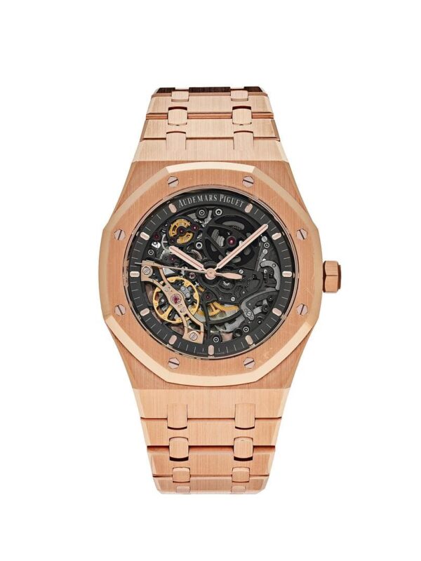 Audemars Piguet Royal Oak Double Balance Wheel Openworked 15407OR.OO.1220OR.01 in rose gold with a skeletonized dial, 41mm case, and integrated bracelet.