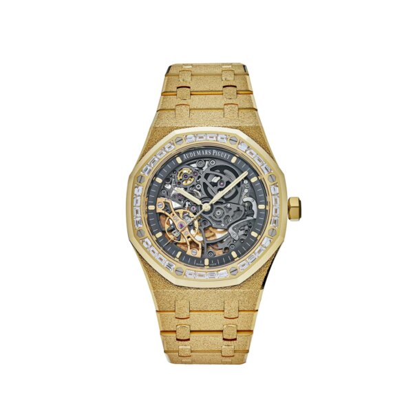 Audemars Piguet Royal Oak Double Balance Wheel Openworked Frosted Yellow Gold watch with a 41mm case, showcasing a skeletonized dial and intricate mechanical movement.
