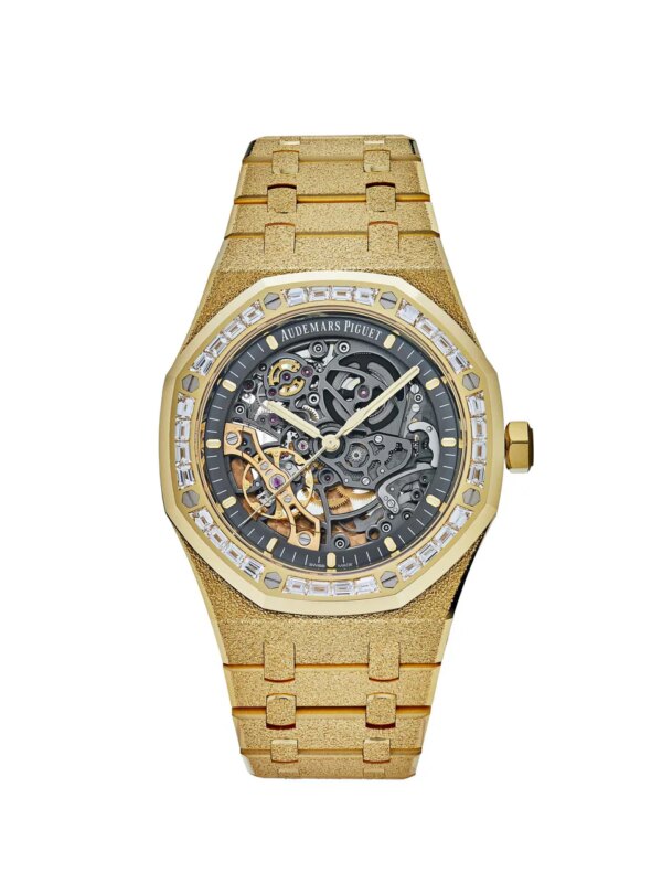 Audemars Piguet Royal Oak Double Balance Wheel Openworked Frosted Yellow Gold watch with a 41mm case, showcasing a skeletonized dial and intricate mechanical movement.