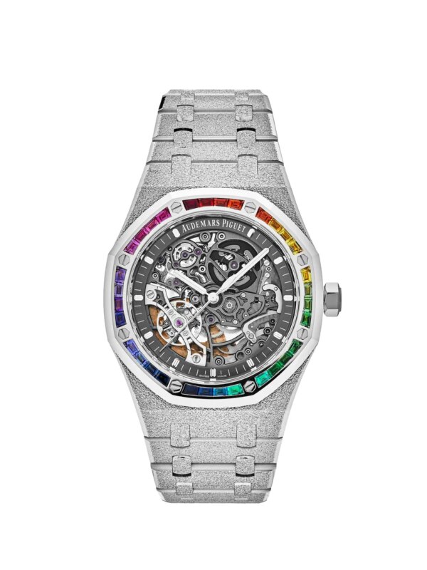 Audemars Piguet Royal Oak Double Balance Wheel Openworked Rainbow Bezel Frosted White Gold watch with a 41mm case, showcasing vibrant gemstones and a skeletonized dial.