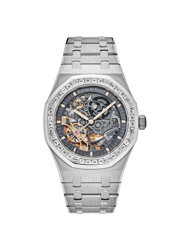 Audemars Piguet Royal Oak Double Balance Wheel Openworked Baguette Bezel in white gold, showcasing a skeletonized dial and a bezel adorned with baguette-cut diamonds.