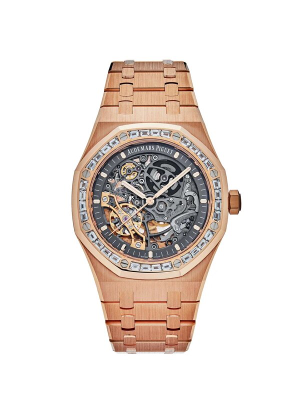 Audemars Piguet Royal Oak Double Balance Wheel Openworked Baguette 15412OR.ZZ.1220OR.01, featuring an 18k rose gold case, skeletonized dial, and baguette-cut diamond bezel.