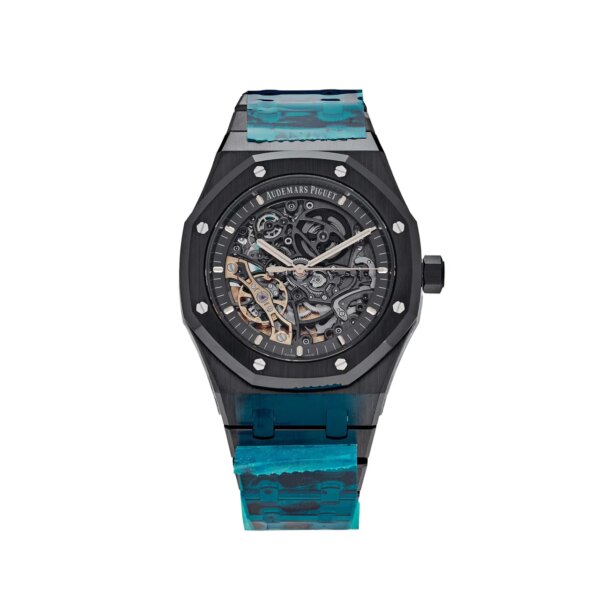 Audemars Piguet Royal Oak Double Balance Wheel Openworked Black Ceramic 15416CE.OO.1225CE.01, 41mm case with an openworked dial, black ceramic bracelet, and skeletonized movement.