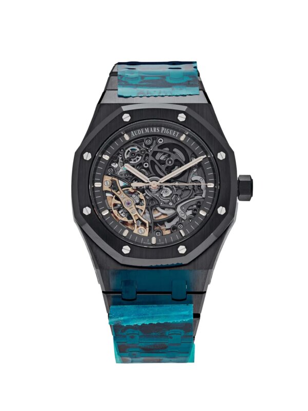 Audemars Piguet Royal Oak Double Balance Wheel Openworked Black Ceramic 15416CE.OO.1225CE.01, 41mm case with an openworked dial, black ceramic bracelet, and skeletonized movement.