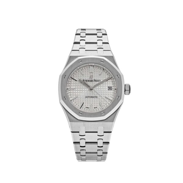 Audemars Piguet Royal Oak 15450ST.OO.1256ST.01.A Selfwinding watch in stainless steel with a 37mm case, silvered white dial, 'Grand Tapisserie' pattern, and stainless steel bracelet.