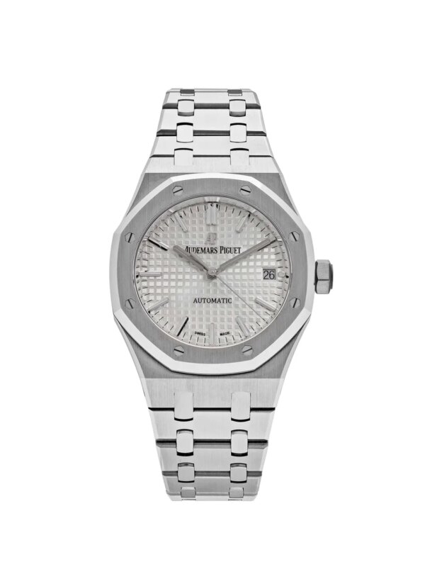 Audemars Piguet Royal Oak 15450ST.OO.1256ST.01.A Selfwinding watch in stainless steel with a 37mm case, silvered white dial, 'Grand Tapisserie' pattern, and stainless steel bracelet.