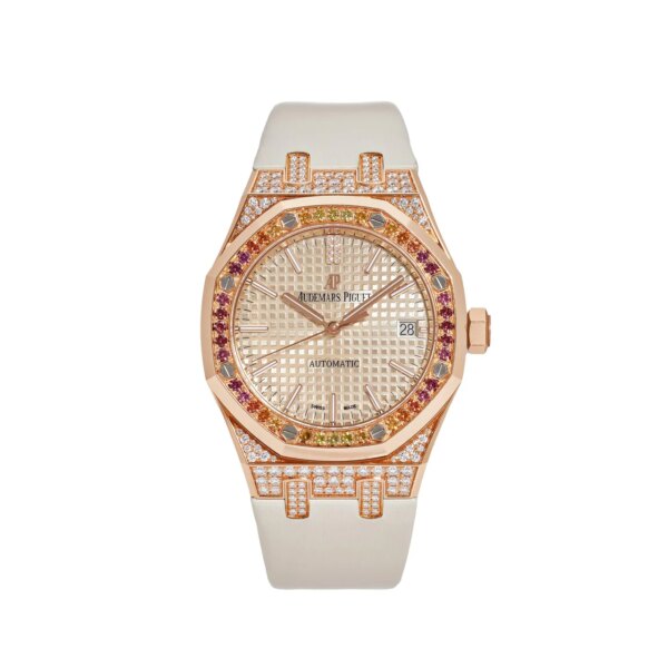 Audemars Piguet Royal Oak 15452OR.ZY.D038VE.01 watch with 18-carat rose gold case, diamond-paved bezel with yellow sapphires, red garnets, and orange spessartite garnets, and beige Grande Tapisserie dial.
