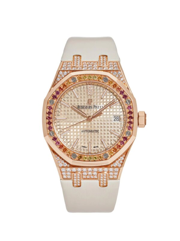 Audemars Piguet Royal Oak 15452OR.ZY.D038VE.01 watch with 18-carat rose gold case, diamond-paved bezel with yellow sapphires, red garnets, and orange spessartite garnets, and beige Grande Tapisserie dial.
