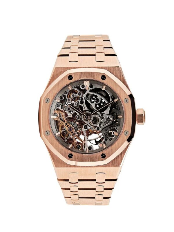 Audemars Piguet Royal Oak Double Balance Wheel Openworked 15467OR.OO.1256OR.01, 41mm rose gold case, openworked dial, luminescent hands, and integrated rose gold bracelet.