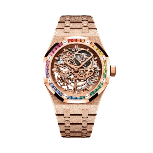 Audemars Piguet Royal Oak Openworked Frosted Rose Gold Rainbow Bezel 15468OR.YG.1259OR.01 with 18k frosted rose gold case, rainbow gemstone bezel, and openworked dial.